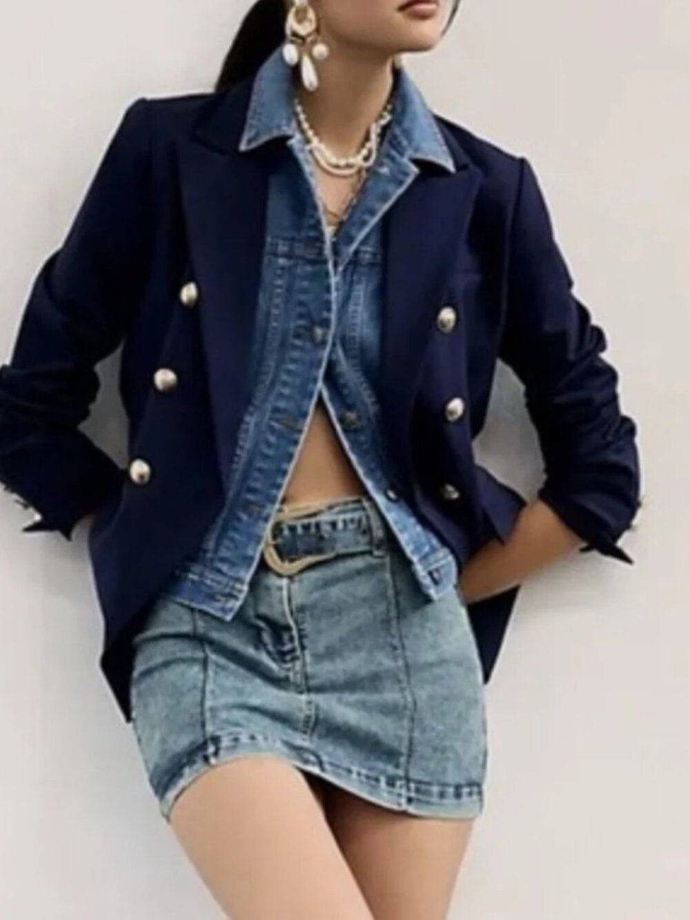 Dolan Navy (Item- 302) Double Breasted Miller Removable Denim Dickey Blazer XS
